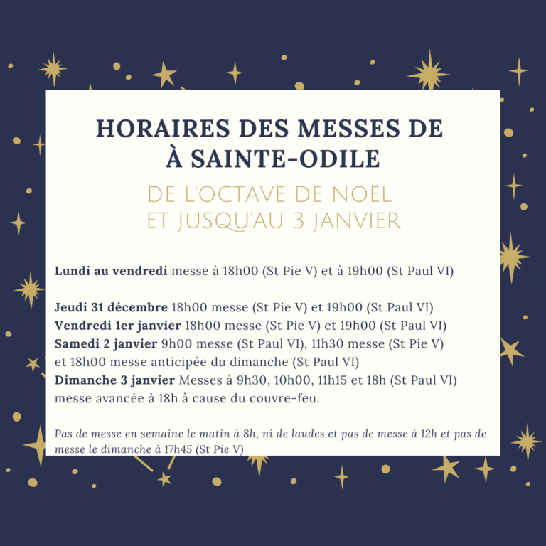 Horaires des messes de l’octave de Noël et jusqu’au 3 janvier Sainte